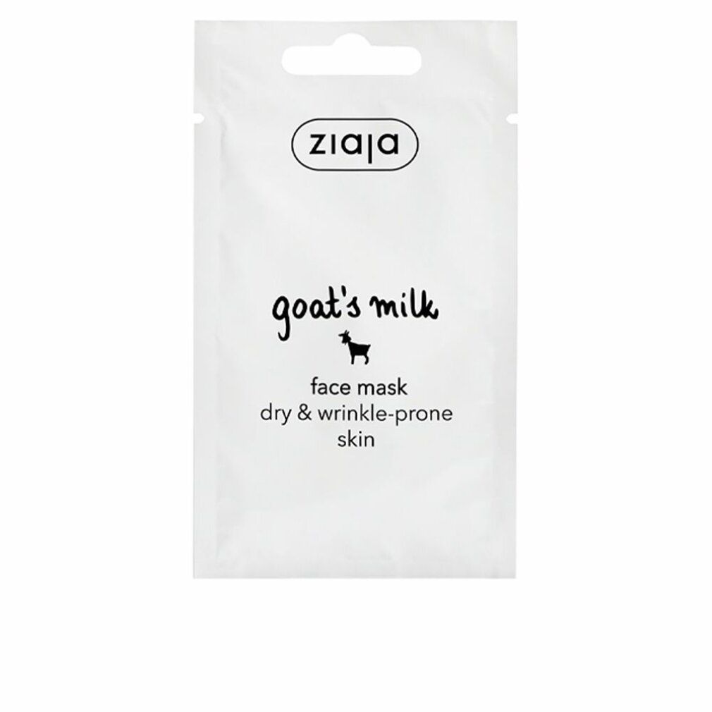 Ziaja-Gesichtsmaske in weißer Einzelverpackung. Aufschrift: goat's milk, face mask, dry & wrinkle-prone skin. Marke Ziaja.