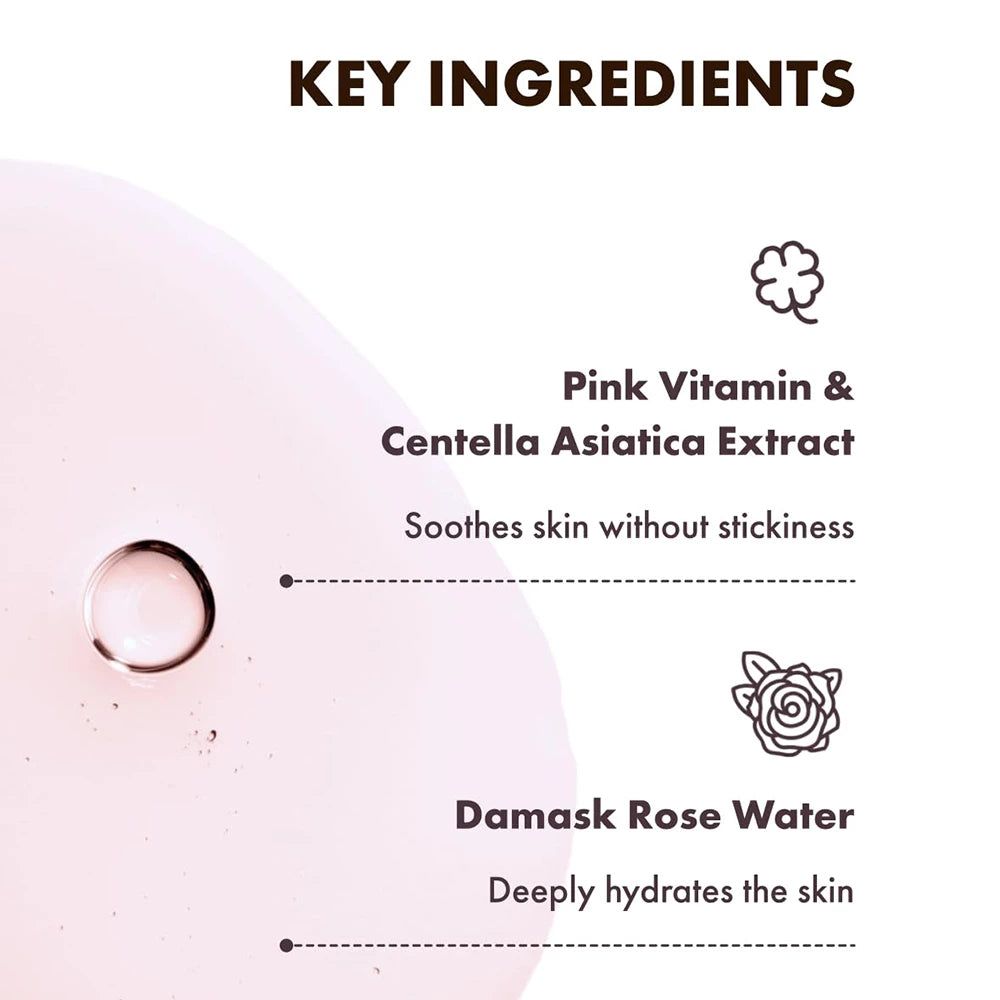 Rosa Flüssigkeit mit Text: Pink Vitamin & Centella Asiatica Extract, Damask Rose Water.