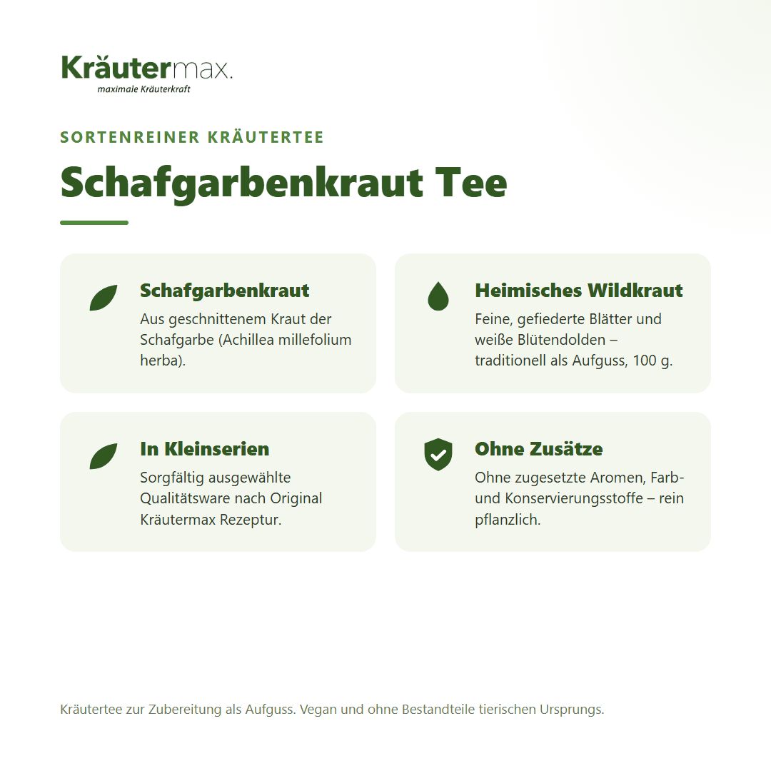 Kräutermax Schafgarbenkraut Tee: Übersicht über Inhaltsstoffe, Herkunft und Vorteile.