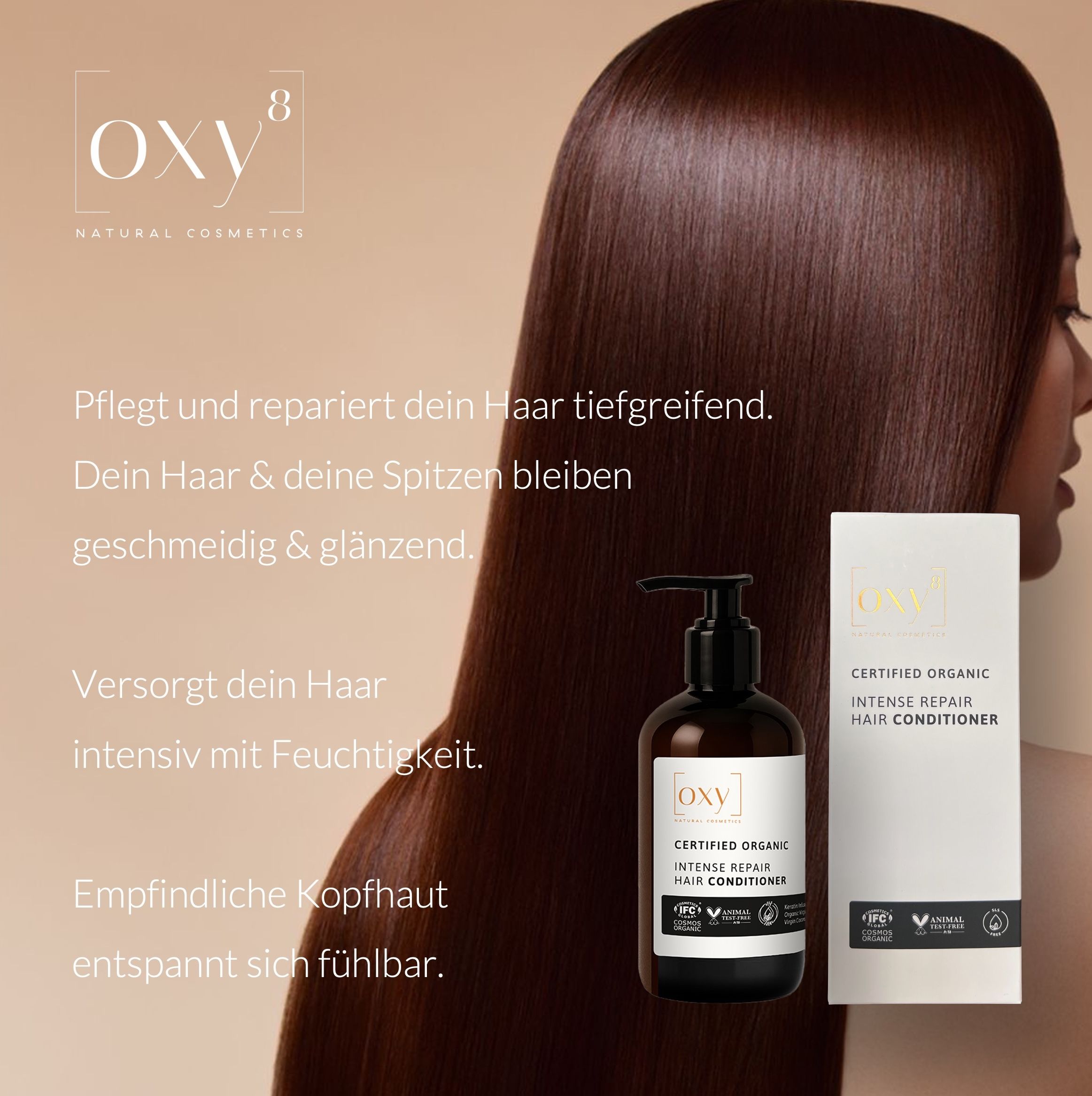 Werbung mit Frau und Produkt. Produkt: "INTENSE REPAIR HAIR CONDITIONER".