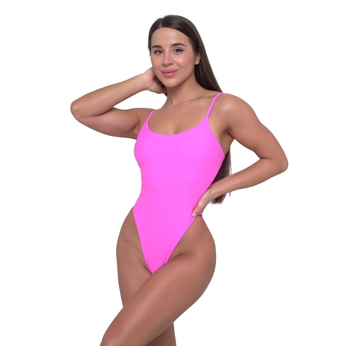 Pinker Damen Badeanzug mit verstellbaren Trägern, seitlich betrachtet.