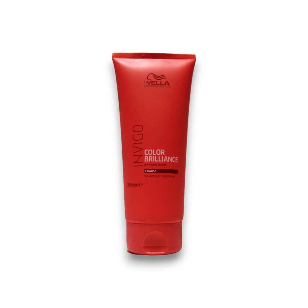 Rote Tube Invigo Color Brilliance. Text: Für feines Haar. Wella Logo. 200ml.