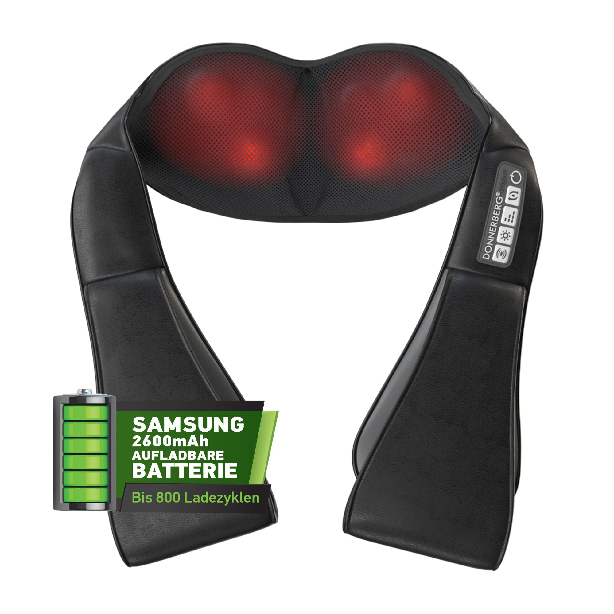 Schwarzes Nackenmassagegerät mit Akku. Zwei rote Massageköpfe. Aufschrift: Samsung 2600mAh. Bis 800 Ladezyklen.