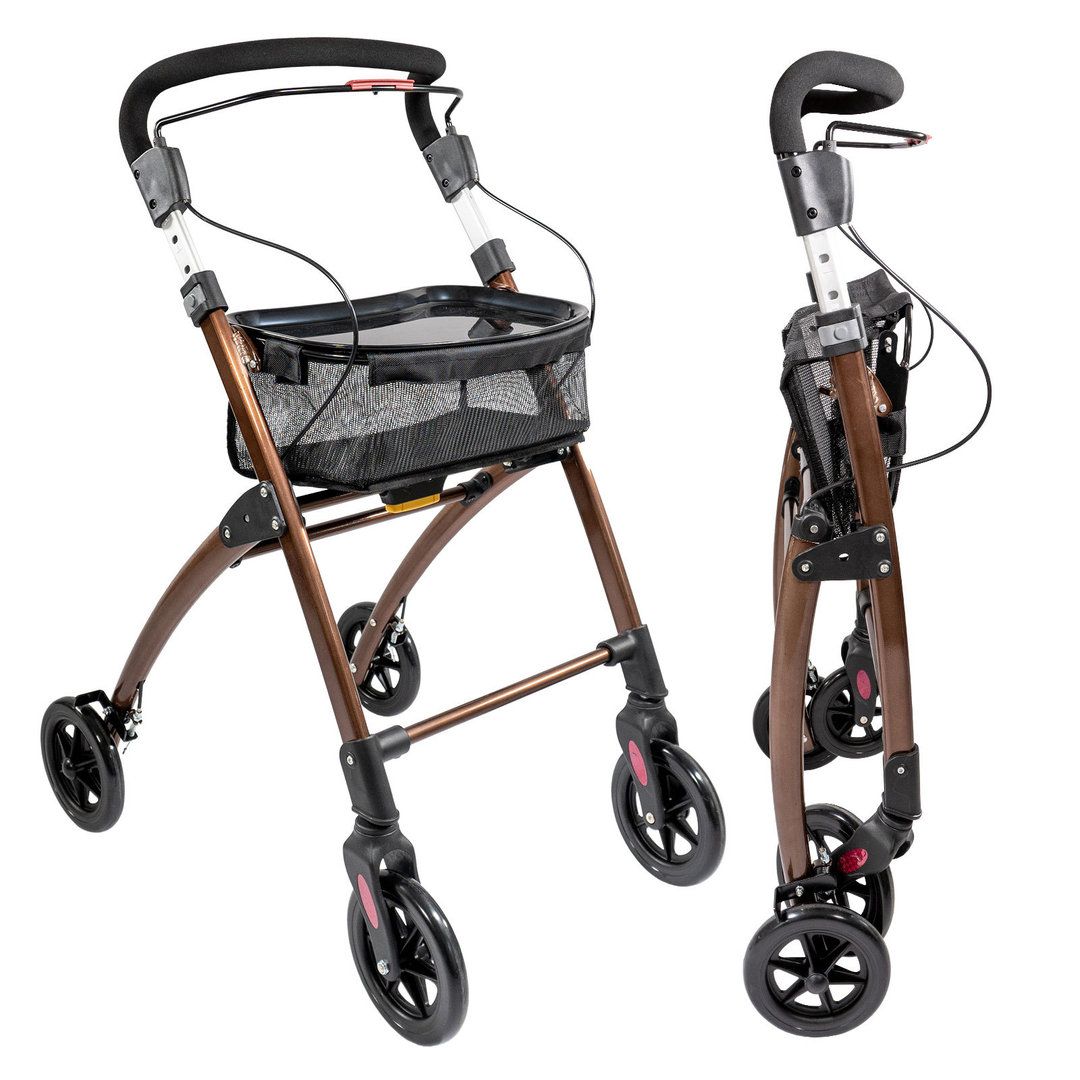 Rollator, braun, mit Korb und Griffen. Gefaltet und entfaltet dargestellt. Vier Räder, Bremsen.