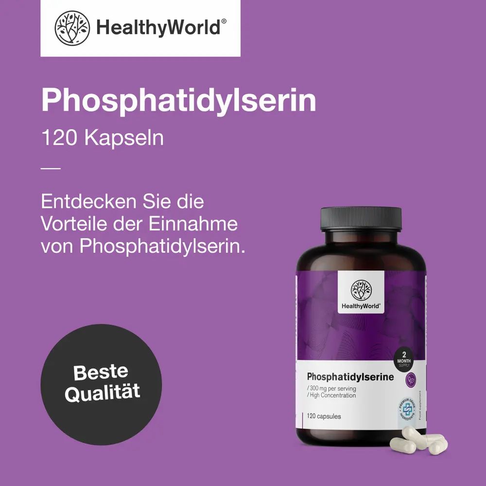Flasche Phosphatidylserin, 120 Kapseln. "Beste Qualität"-Siegel. "Entdecken Sie die Vorteile".