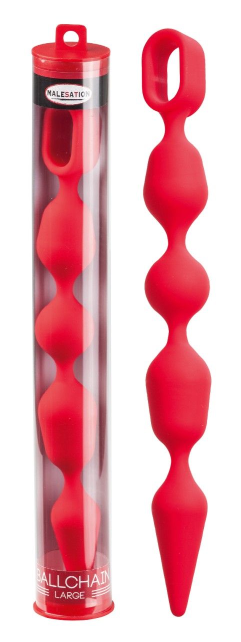 Rote Ballkette mit fünf Kugeln und spitzem Ende, in transparenter Röhre.