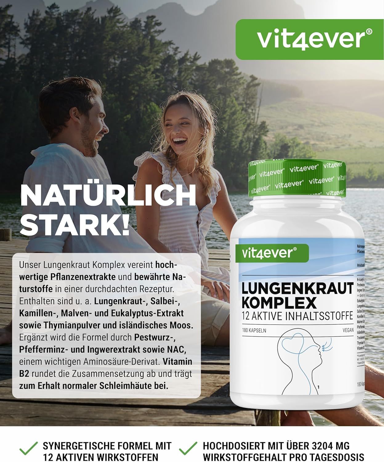 Produktflasche mit Etikett. Aufschrift: vit4ever Lungenkraut Komplex, 12 aktive Inhaltsstoffe, 180 Kapseln. Paar im Hintergrund.