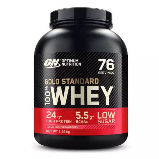 Schwarze Dose mit rotem Etikett. Aufschrift: Gold Standard 100% Whey. Geschmack: Delicious Strawberry. 76 Portionen.