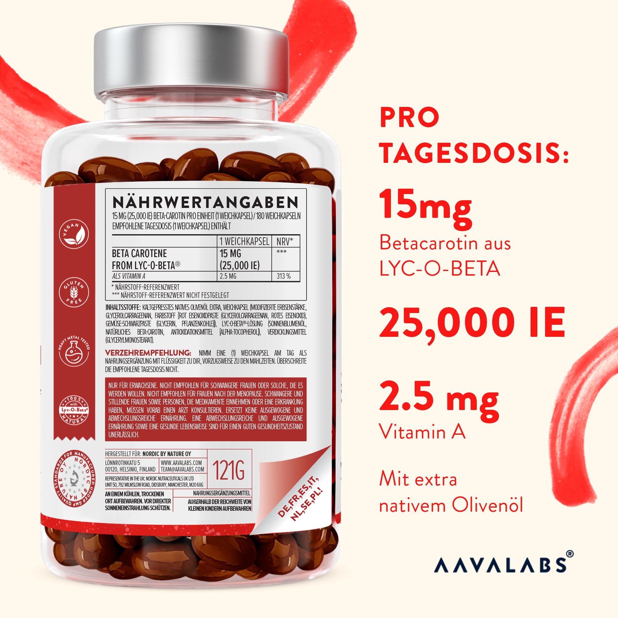 Nahaufnahme der Flasche mit Kapseln. Enthält Nährwertangaben. Aufschrift: Beta Carotin, 25.000 IE.