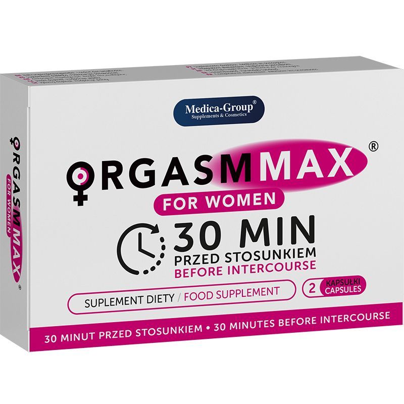 Verpackung von Orgasm Max für Frauen, 2 Kapseln, Nahrungsergänzungsmittel für die Libido.