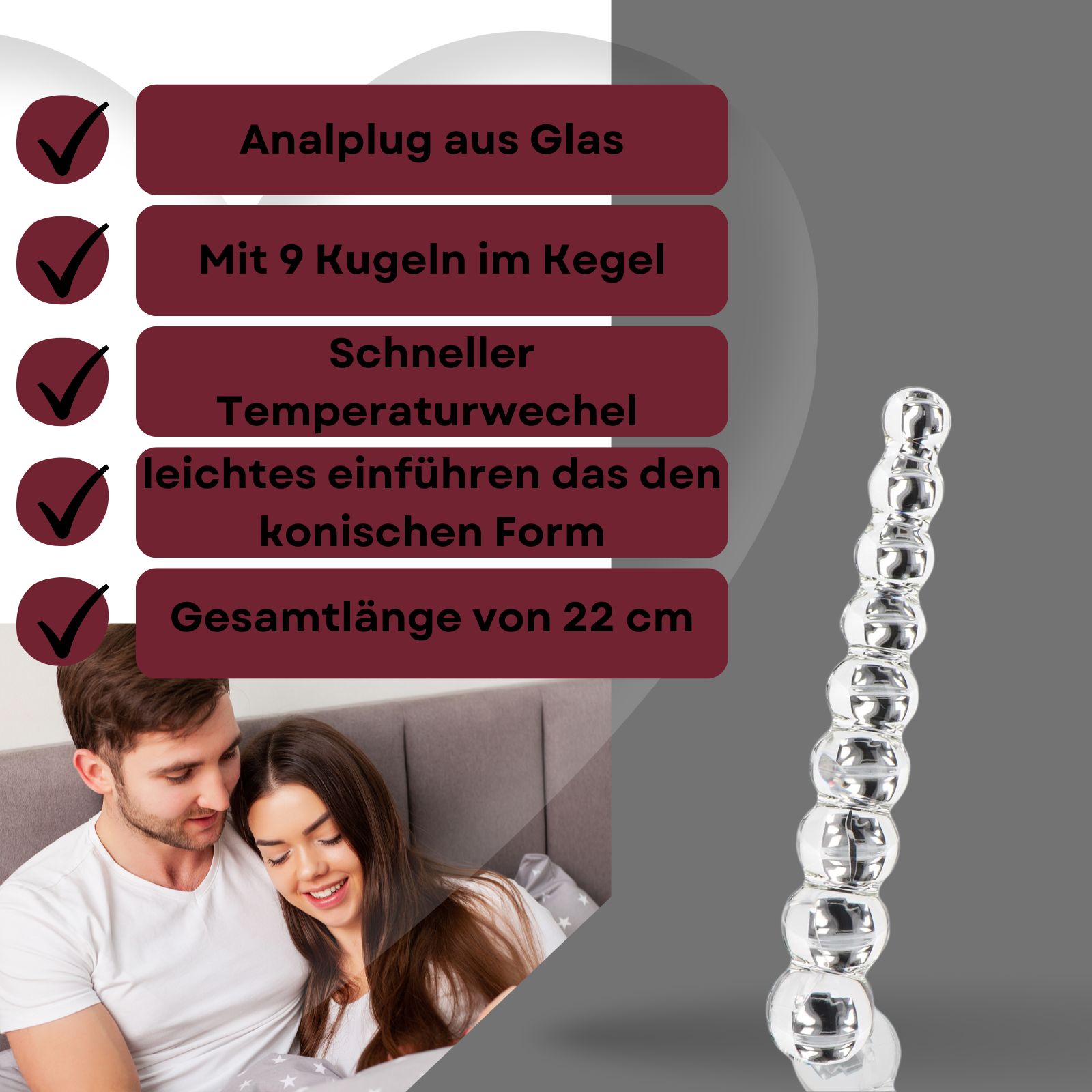 Analplug aus Glas mit 9 Kugeln. Konische Form, 22 cm lang. Schneller Temperaturwechsel.