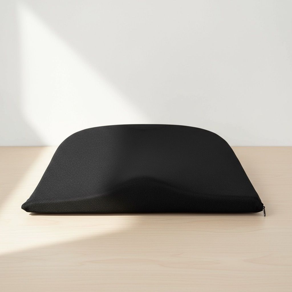 Schwarzes, keilförmiges Sitzkissen. Oberseite abgerundet, Unterseite flach. Stoffbezug.
