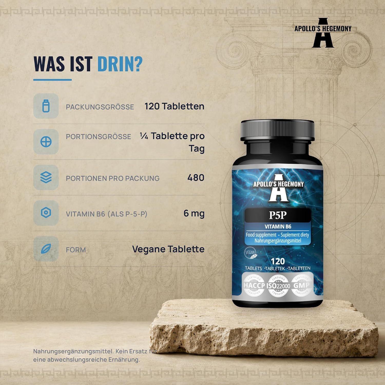 Flasche mit Vitamin B6 P5P Nahrungsergänzungsmittel, 120 Tabletten.