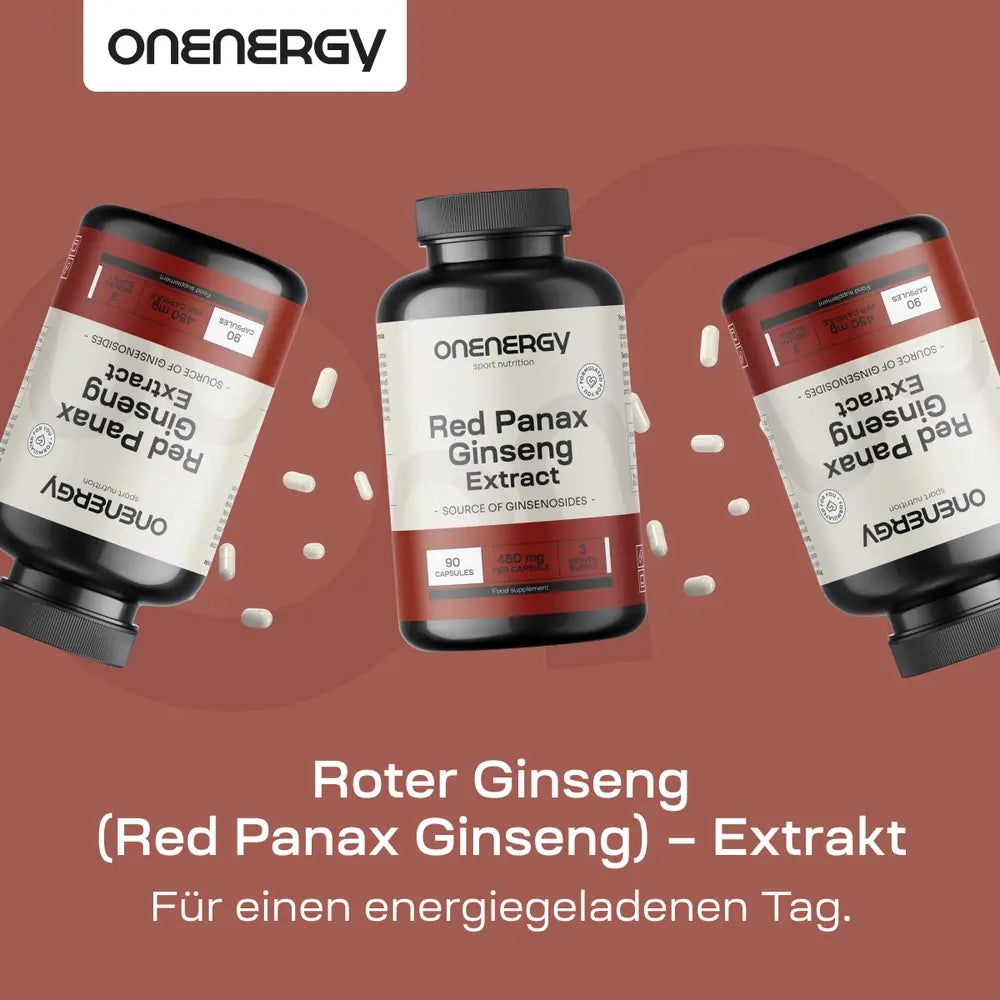 Drei Flaschen OnEnergy Red Panax Ginseng Extrakt auf rotem Hintergrund.