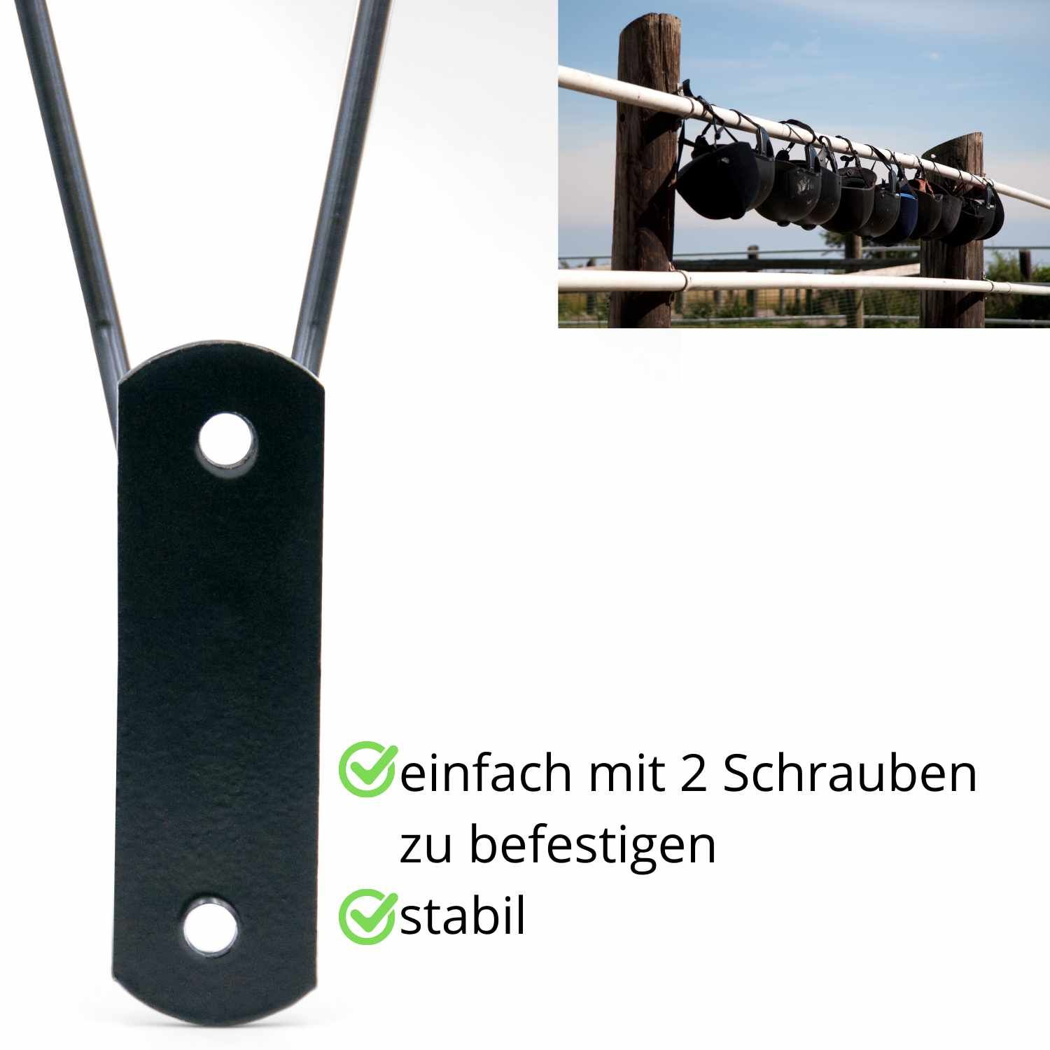 Schwarzer Helmhalter mit zwei Löchern zur Wandmontage. Text: "einfach mit 2 Schrauben zu befestigen" und "stabil".