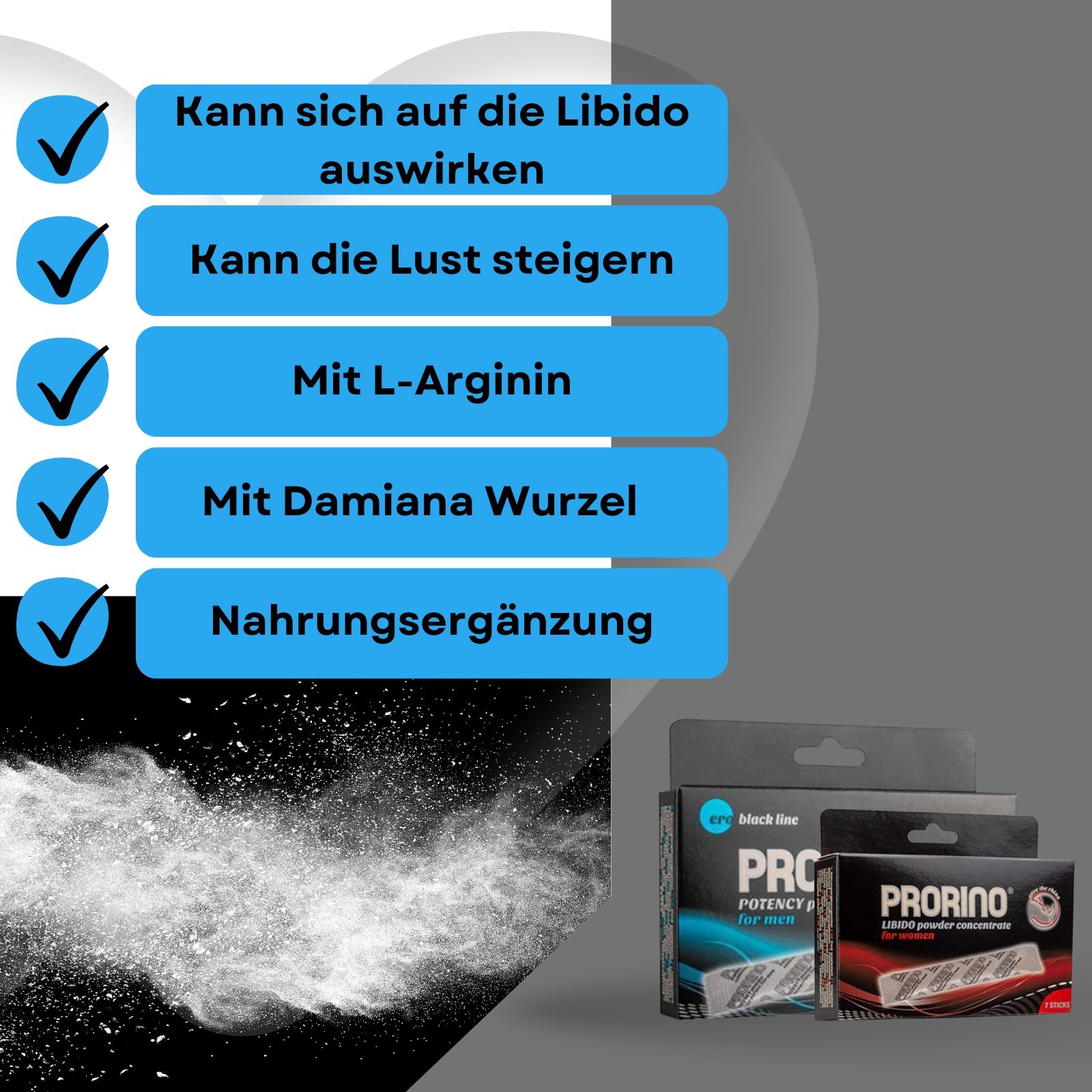 Prorino-Packungen neben Textblöcken. Text: Kann sich auf die Libido auswirken, Kann die Lust steigern, Mit L-Arginin, Mit Damiana Wurzel, Nahrungsergänzung.