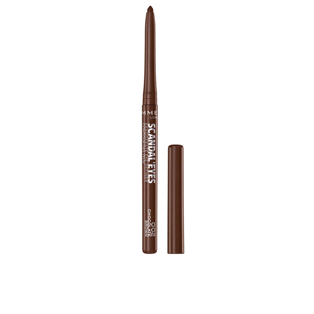 Brauner Eyeliner mit abgenommenem Deckel. Auf dem Stift steht "SCANDAL EYES" und "CHOCOLATE BROWN".