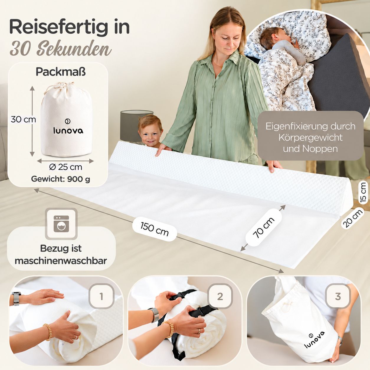 Lunova Rausfallschutz: formstabiler Schaumstoff, 150x70x20cm, mit Gurt & Tasche. Bezug maschinenwaschbar.