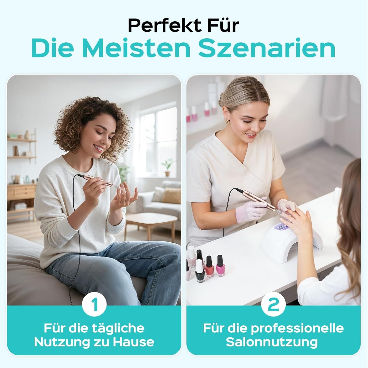 Zwei Szenarien: Nutzung zu Hause und professionelle Salonnutzung. Nagelfräser in Gebrauch. Text: Perfekt für die meisten Szenarien.