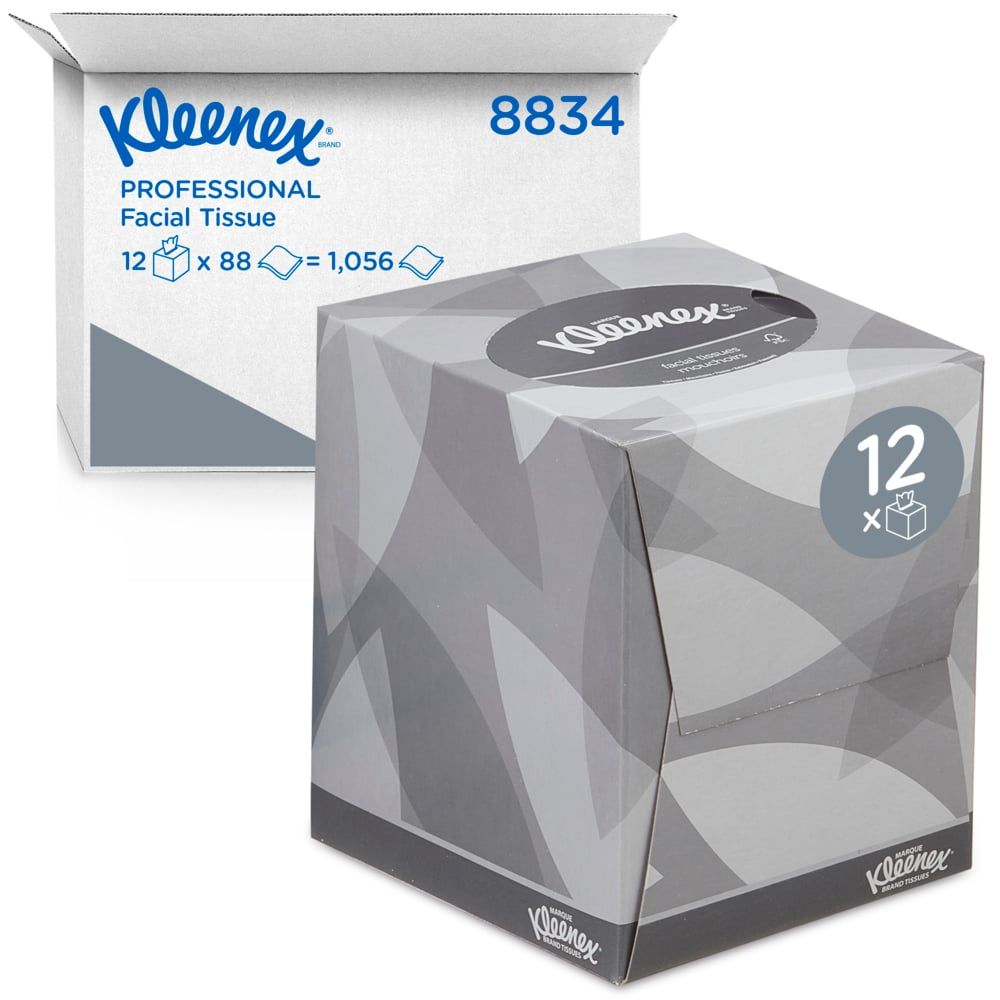 Kleenex® Kosmetiktücher-Box. Graue Verpackung mit Logo und 12 Stück-Angabe. Daneben eine Kartonbox mit Produktangaben.