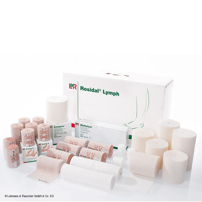 Verbandmaterial-Set. Enthält Bandagen, Rollen und eine Box mit der Aufschrift "Rosidal Lymph". Verschiedene Größen und Farben.
