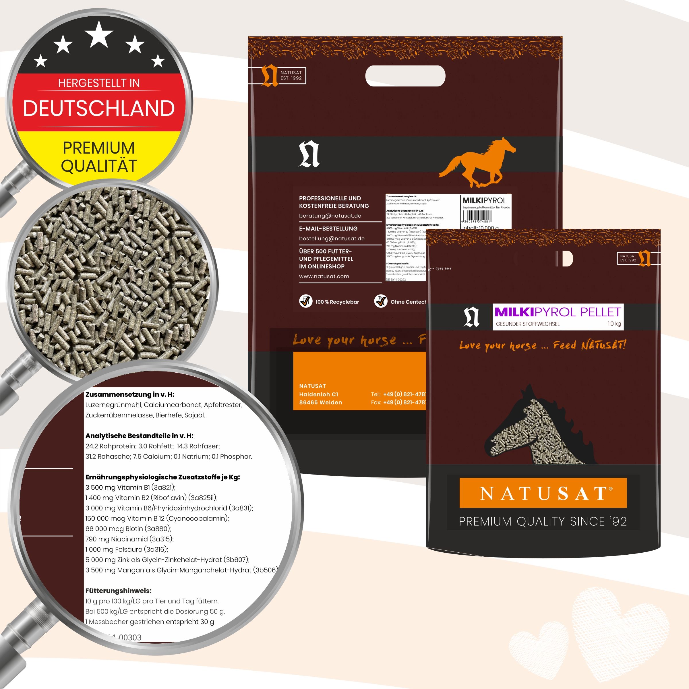 Natusat Milki Pyrol Pellet Sack, Lupe zeigt Pellets und Zutatenliste. Hergestellt in Deutschland.