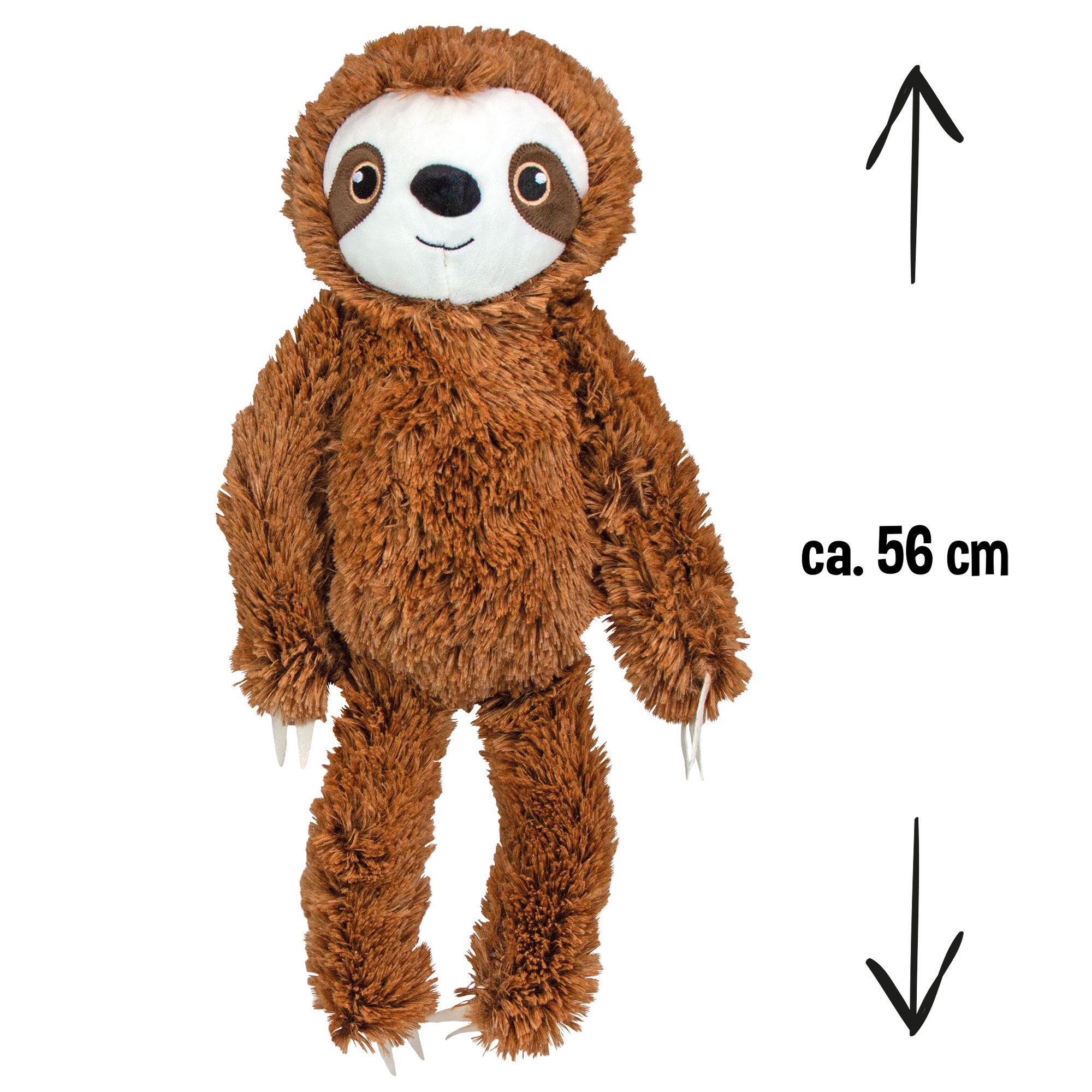Braunes Faultier-Spielzeug aus Plüsch. Es hat helle Krallen und ein freundliches Gesicht. Die Höhe beträgt ca. 56 cm.
