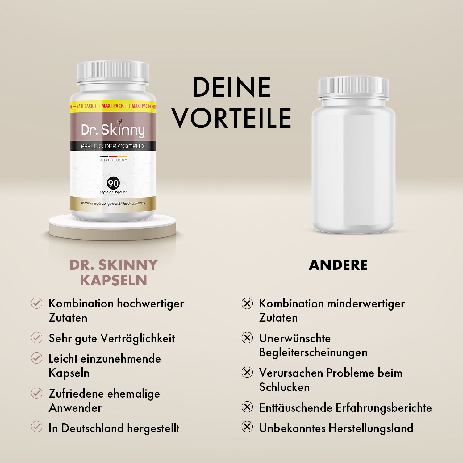 Vergleich von Dr. Skinny Kapseln und anderen. Dr. Skinny Kapseln: hochwertige Zutaten, gute Verträglichkeit. Andere: minderwertige Zutaten, unerwünschte Begleiterscheinungen.