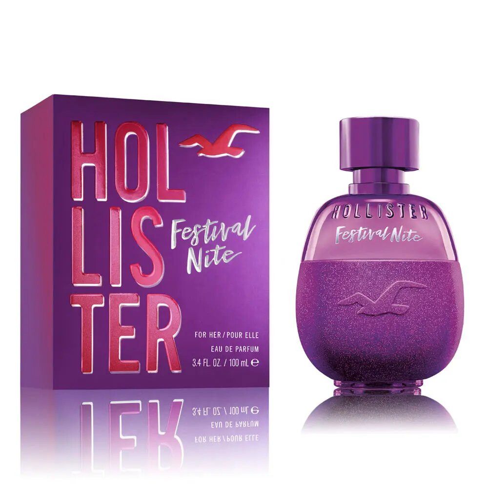 Lila Flakon und Verpackung. Aufschrift: Hollister Festival Nite. Flakon mit Sprühkopf. Verpackung mit Logo.