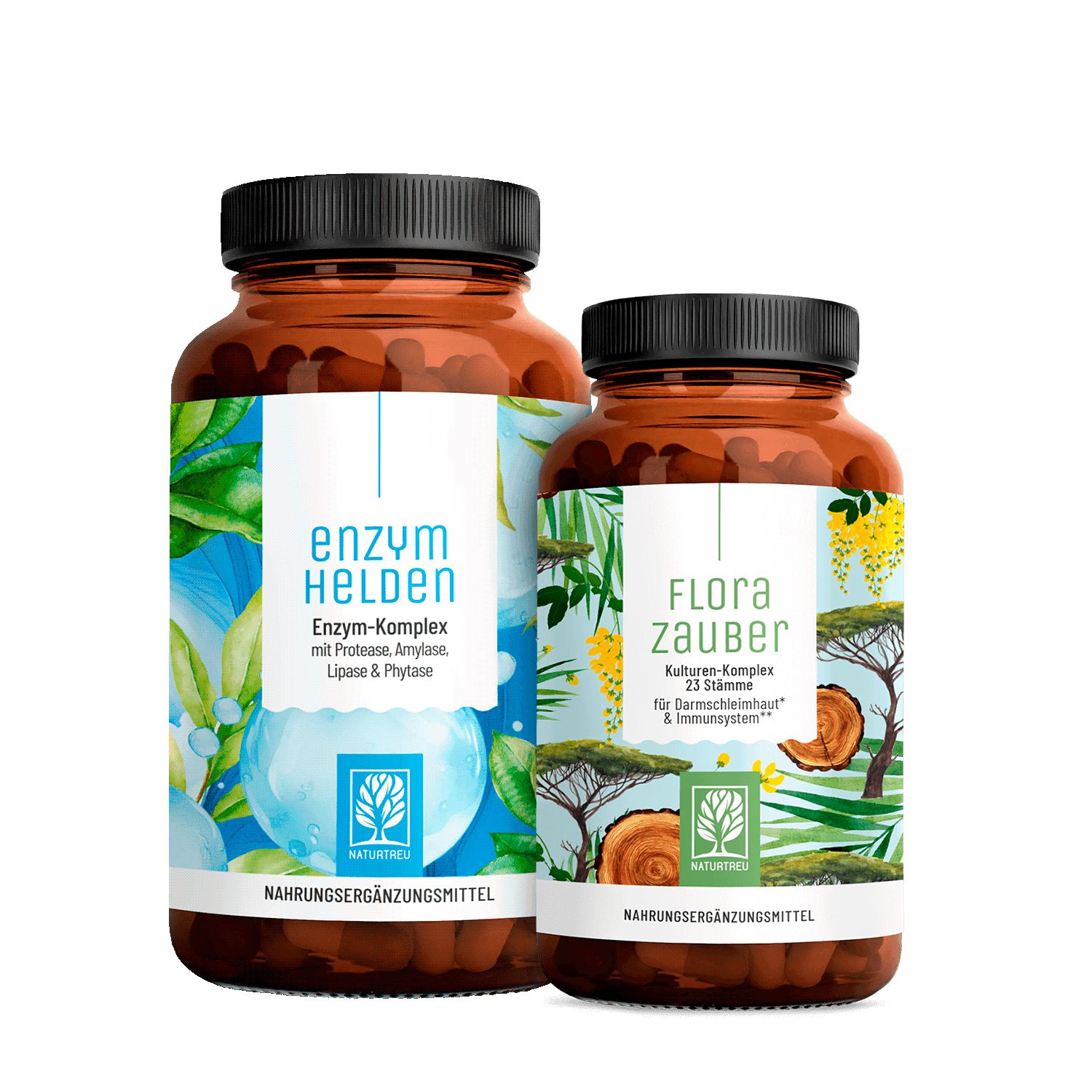 Zwei braune Flaschen mit schwarzen Deckeln. Aufschrift: ENZYMHELDEN und FLORAZAUBER. Beide mit Etiketten und Produktinformationen.