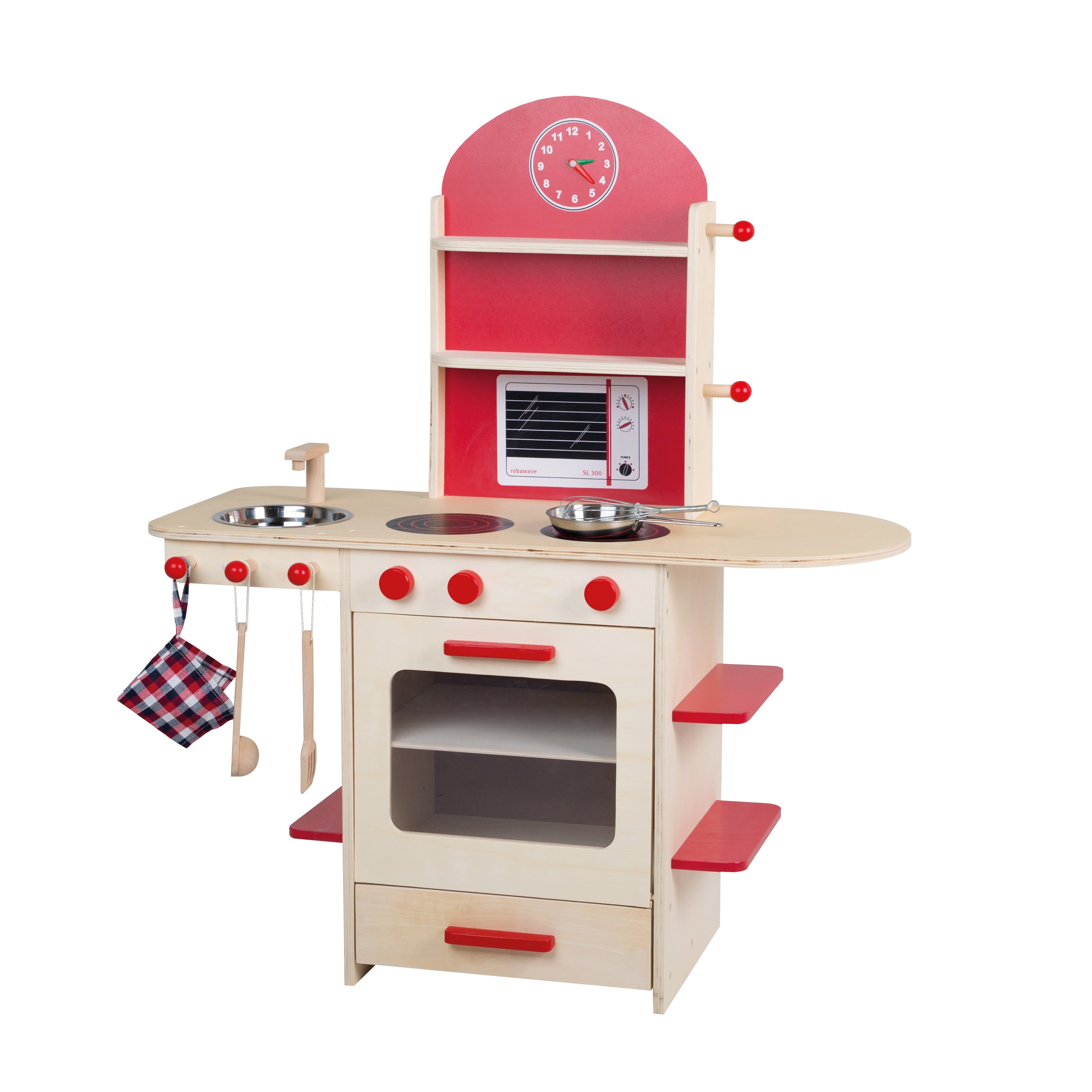 Spielküche aus Holz mit roter Akzentfarbe. Enthält Ofen, Herdplatten, Spüle und Mikrowelle. Mit Uhr.