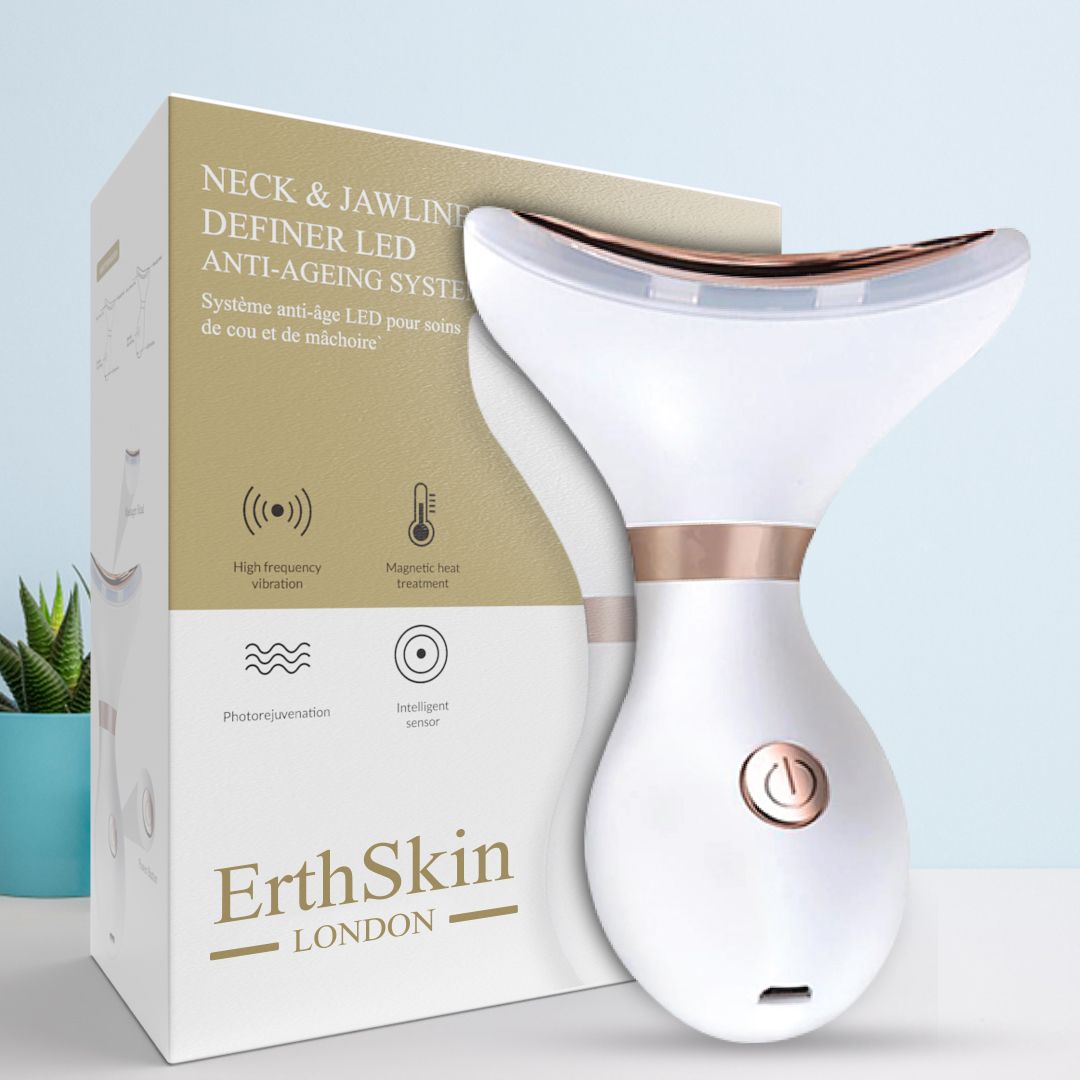 Weißes LED-Gerät für Hals und Kinn, mit goldfarbenen Akzenten. Verpackung mit Produktnamen und Funktionen.