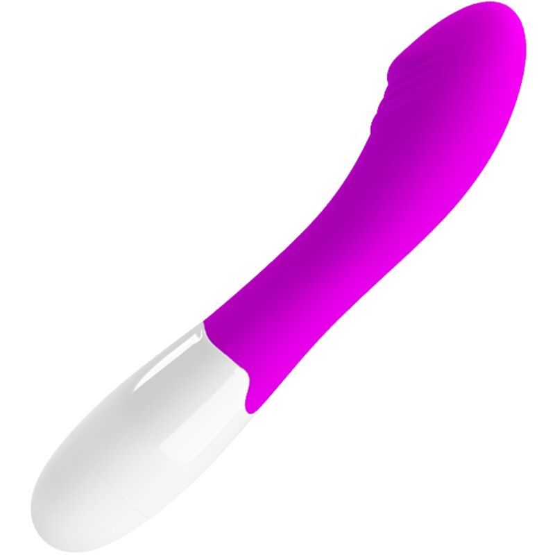 Lila und weißer Vibrator mit gebogener Form, aus der Seitenansicht.