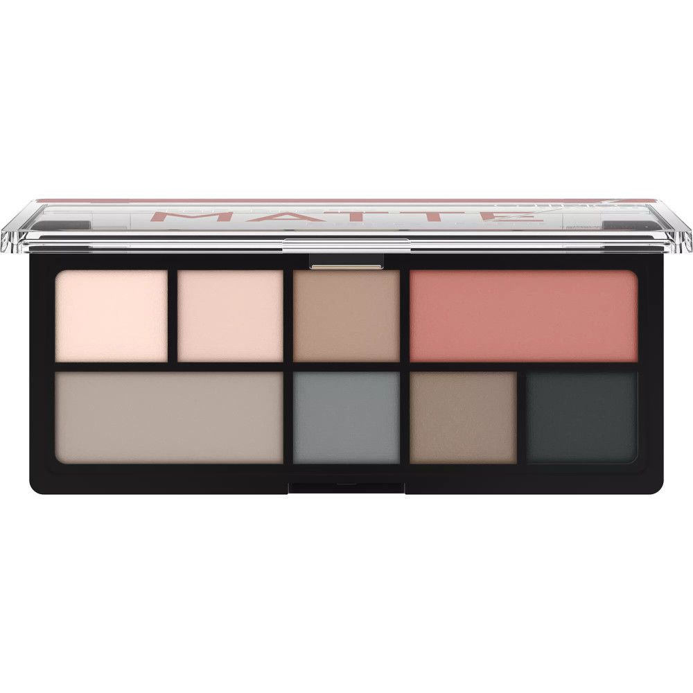 Lidschattenpalette mit 8 matten Farbtönen. Schwarzer Rahmen, transparente Abdeckung. Farben: Rosa, Grau, Braun, Grün.