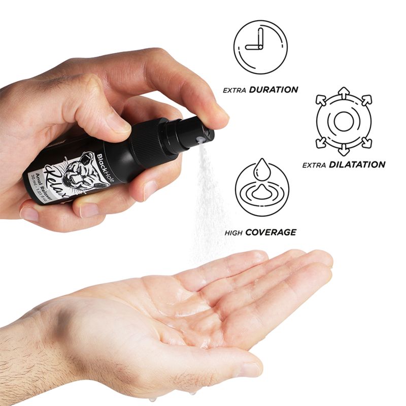 Hand sprüht Flüssigkeit aus schwarzer Flasche. Symbole: Extra Duration, Extra Dilatation, High Coverage.