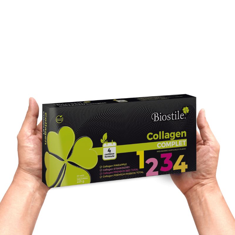 Hände halten Biostile Collagen Komplett Packung.