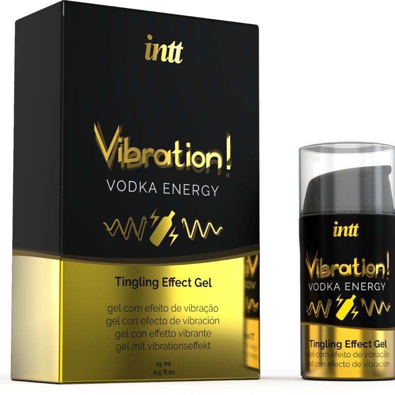 Schwarze Verpackung mit goldfarbenem Schriftzug und Produkt. Aufschrift: Vibration! Vodka Energy. Gel und Verpackung nebeneinander.