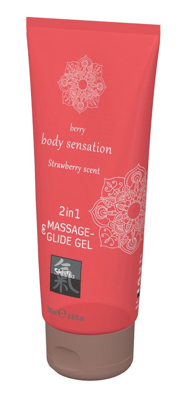 Rote Tube mit Massage- & Gleitgel. Aufschrift: berry body sensation, Strawberry scent, 2in1 Massage- & Glide Gel. Marke: Shiatsu. 200 ml.