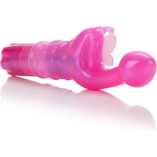 Rosa Vibrator mit gebogener Form und Kugel an einem Ende. Der Körper hat eine geriffelte Textur und eine Öffnung.