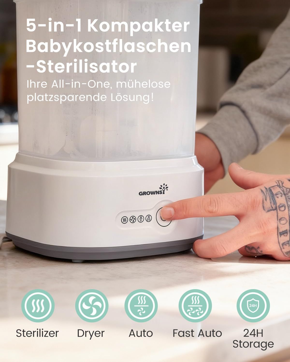 Grownsy Sterilisator für Babyflaschen mit Trocknerfunktion, 5-in-1