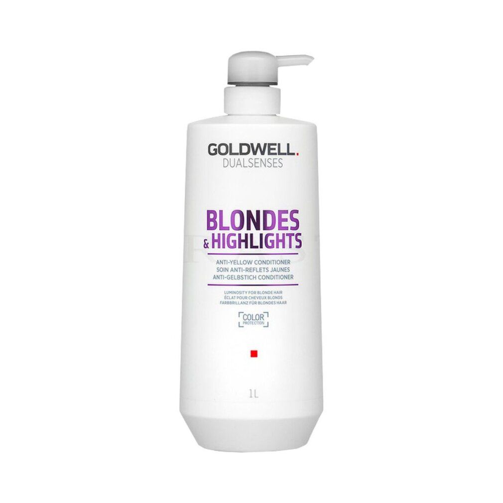 Goldwell Dual Senses Conditioner. Weiße Flasche mit Pumpe. Aufschrift: Blondes & Highlights, Anti-Gelbstich Conditioner. 1L.