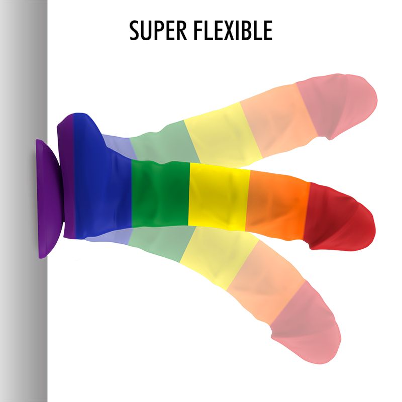 Regenbogenfarbener Dildo in drei Positionen. Flexibel.