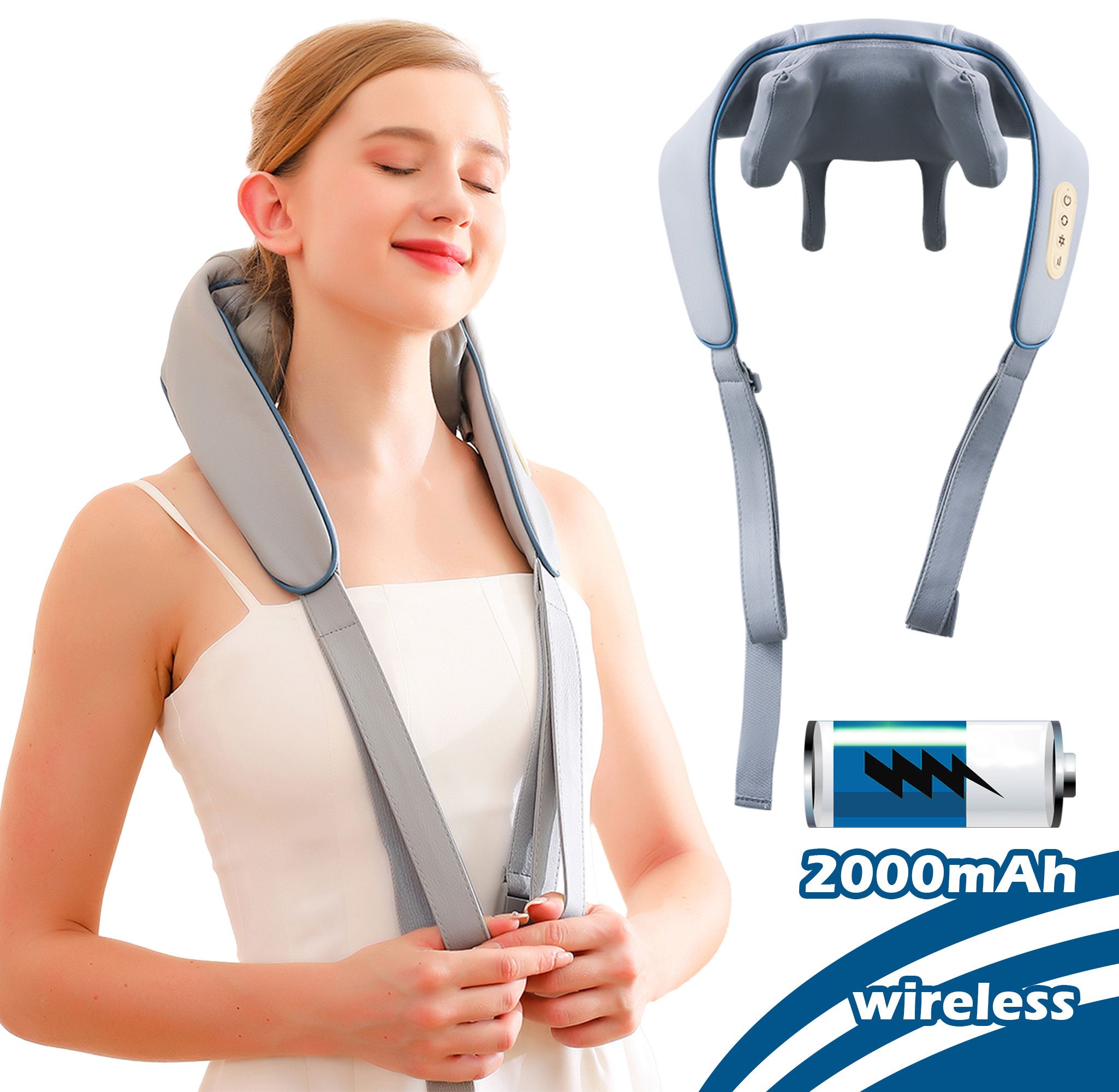 Frau mit Nackenmassagegerät. Akku mit 2000mAh. Text: wireless.