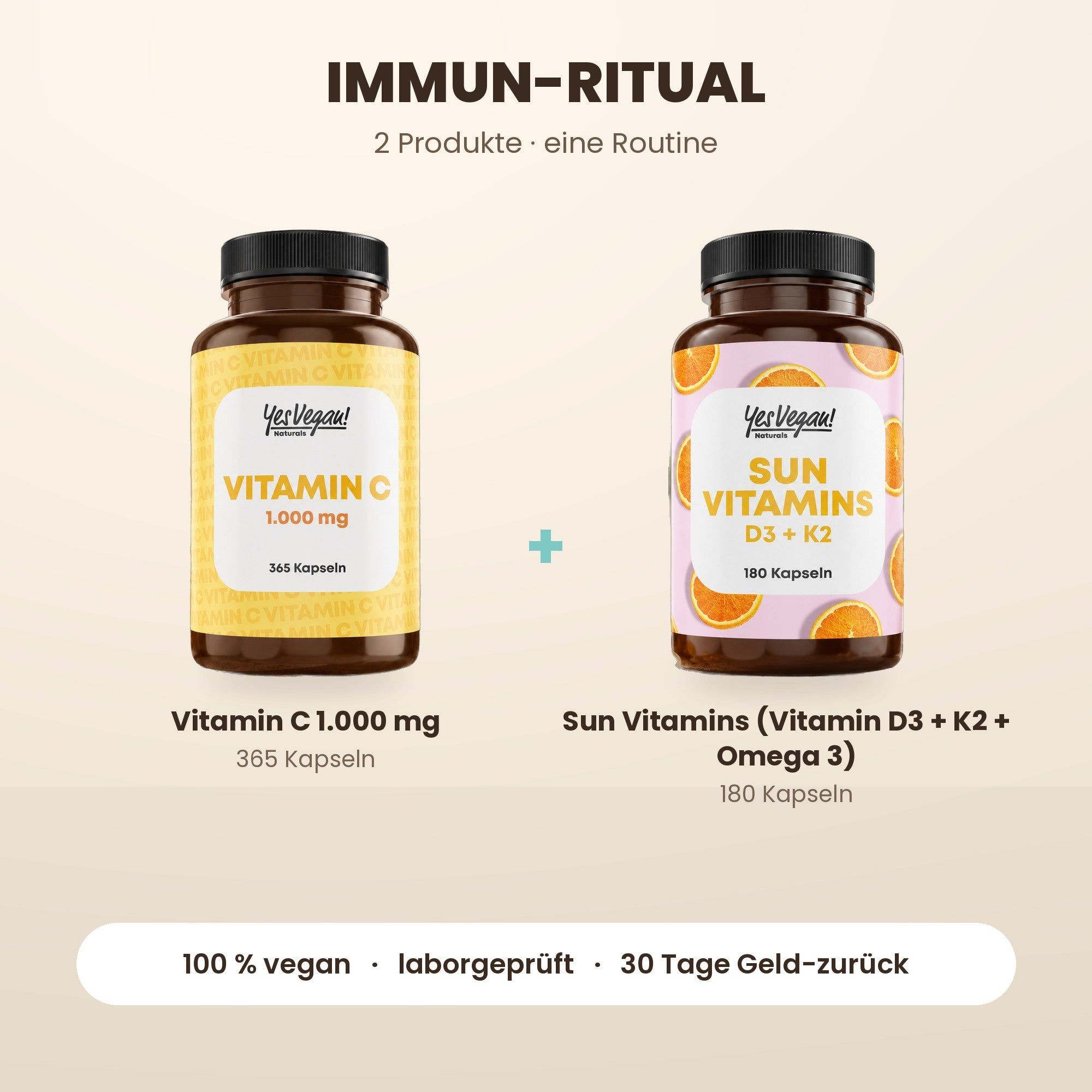 Drei Flaschen Nahrungsergänzungsmittel: Vitamin B12 (180 Kapseln), Sun Vitamins D3+K2 (180 Kapseln) und Eisen Komplex (180 Kapseln).