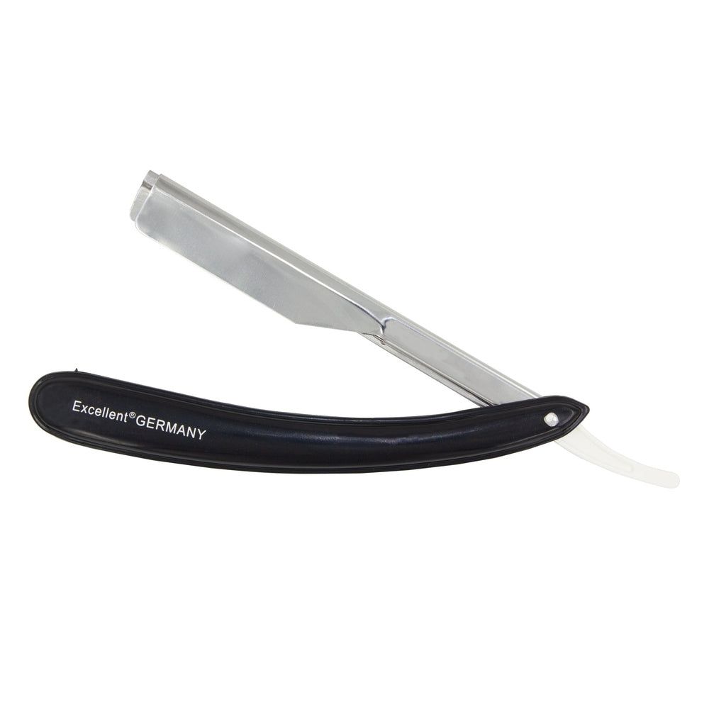Rasiermesser mit schwarzem Griff und silberner Klinge. Auf dem Griff steht "Excellent GERMANY".