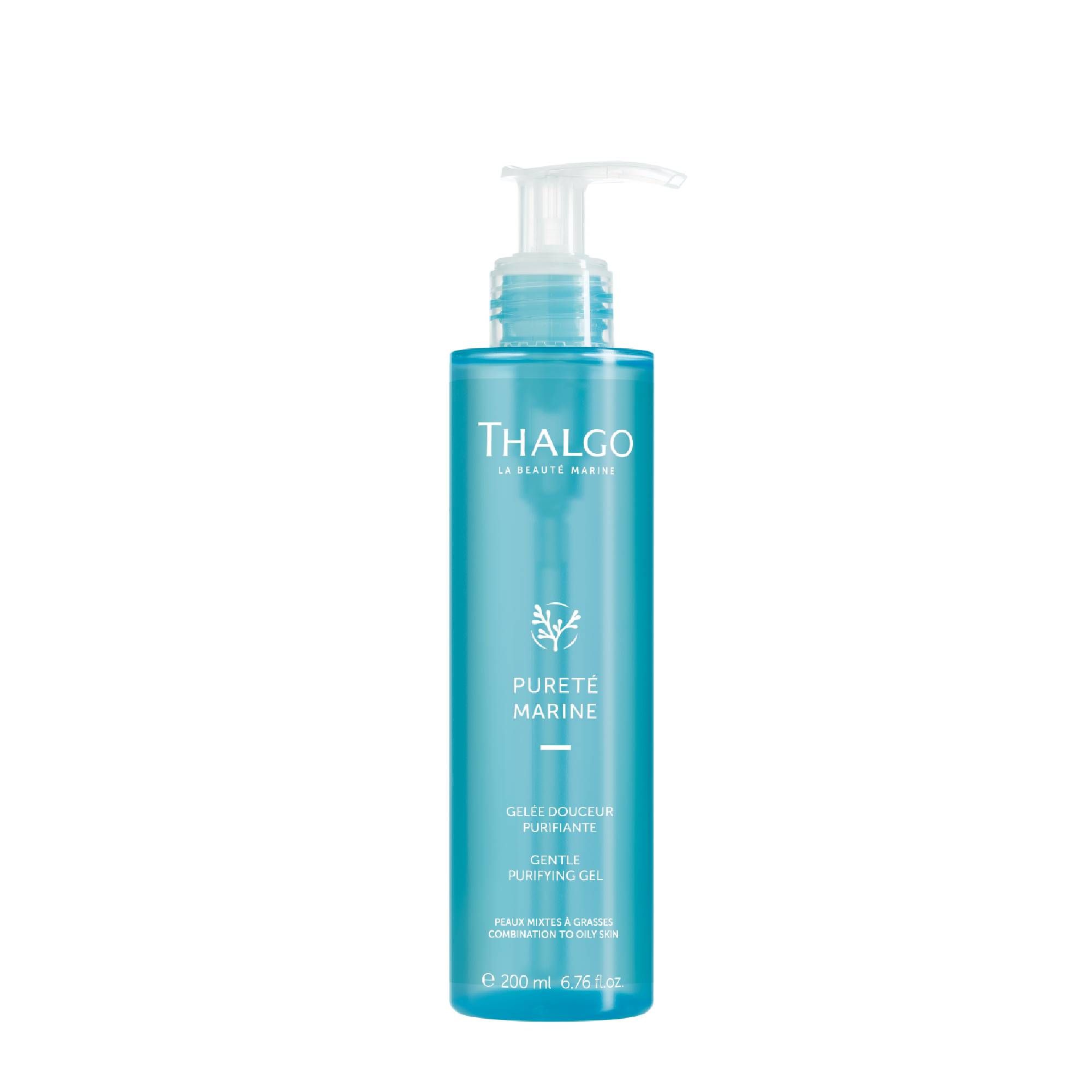 Türkisblaue Flasche mit Pumpe. Aufschrift THALGO, Pureté Marine, Gentle Purifying Gel. Für Mischhaut bis fettige Haut.