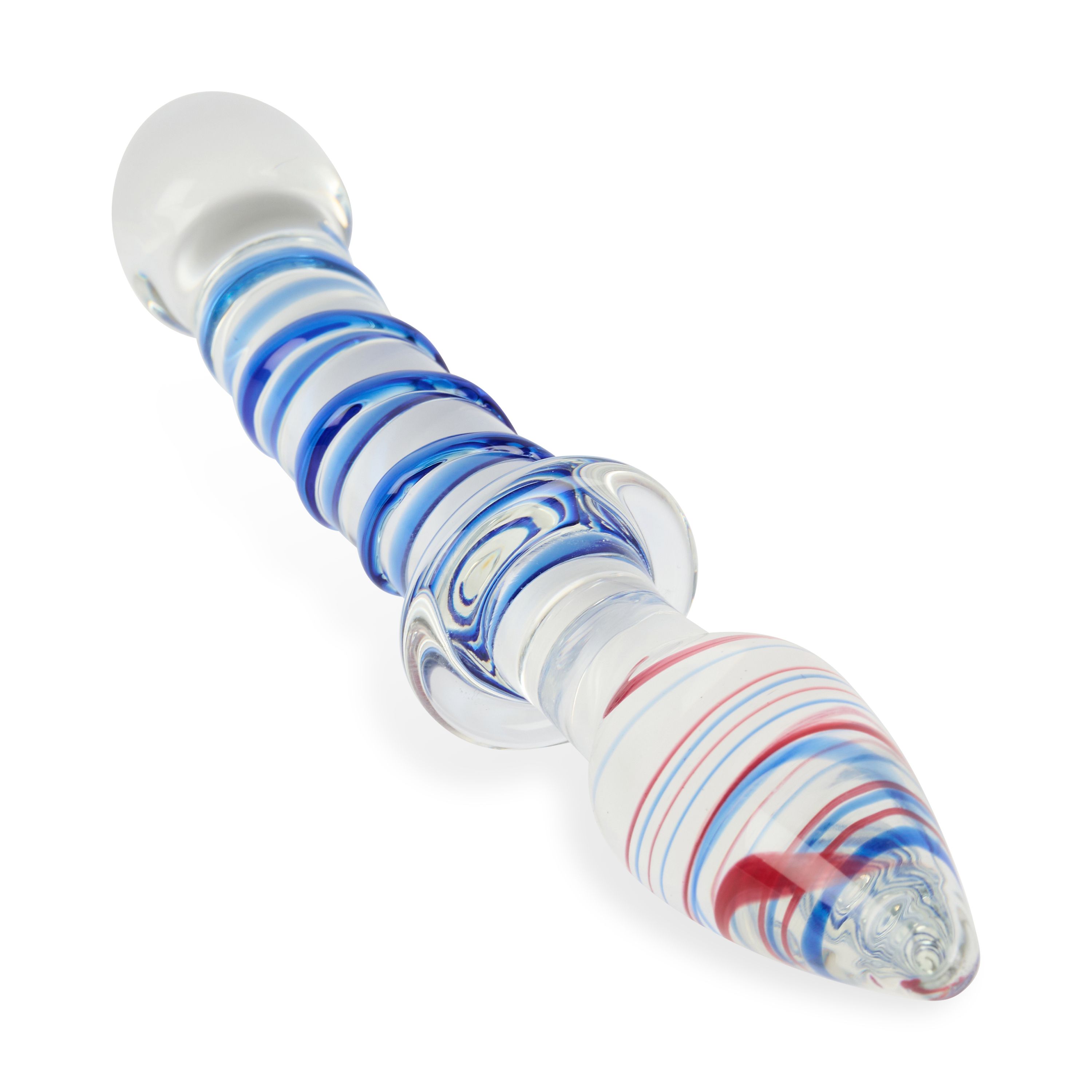 Glas-Anal-Stimulator mit blau-weißer Spirale und rotem Akzent. Klares Glas, abgerundete Enden. Detailansicht.