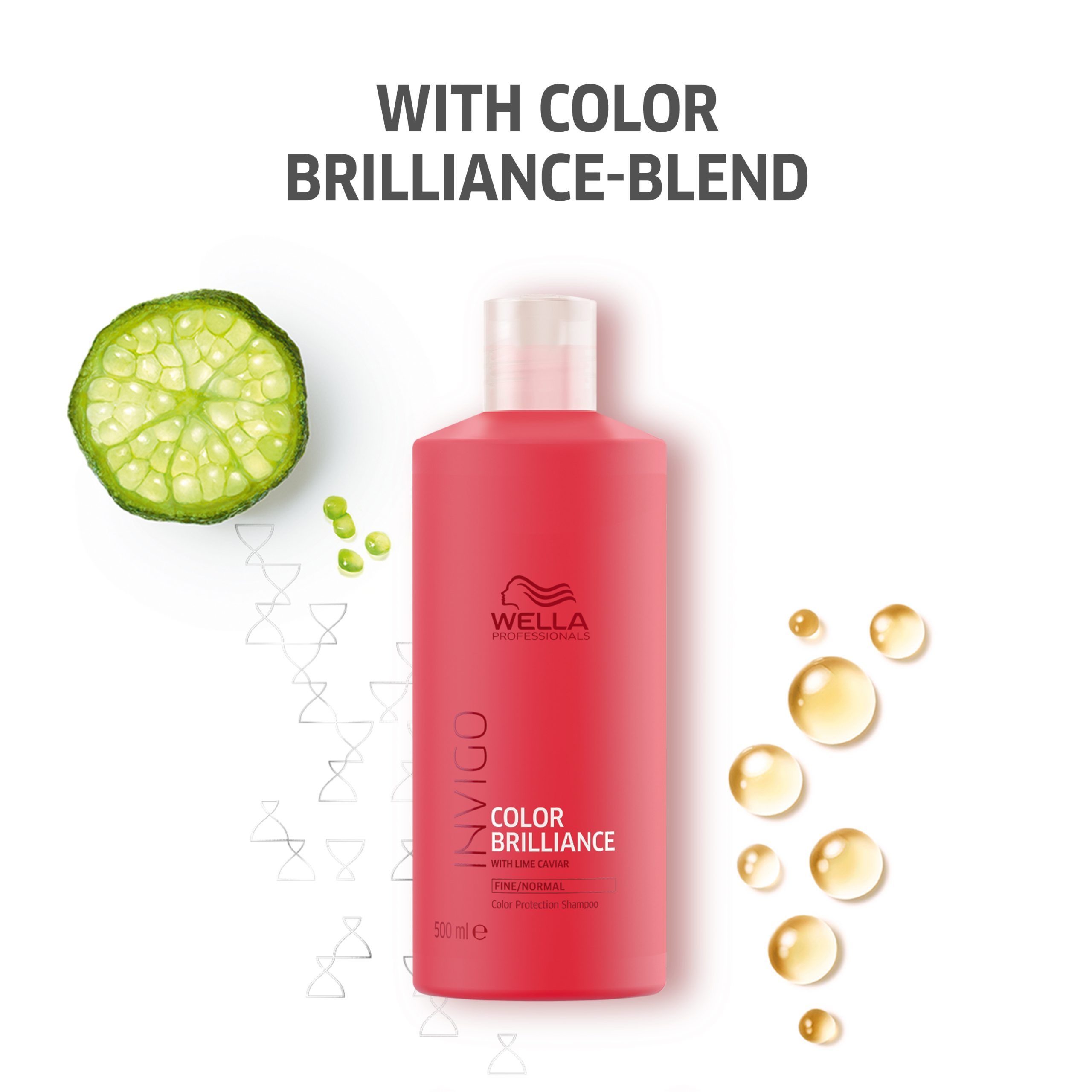 Rote Shampoo-Flasche mit weißem Deckel, daneben eine Limette und Öltropfen. Aufschrift: Invigo Color Brilliance.