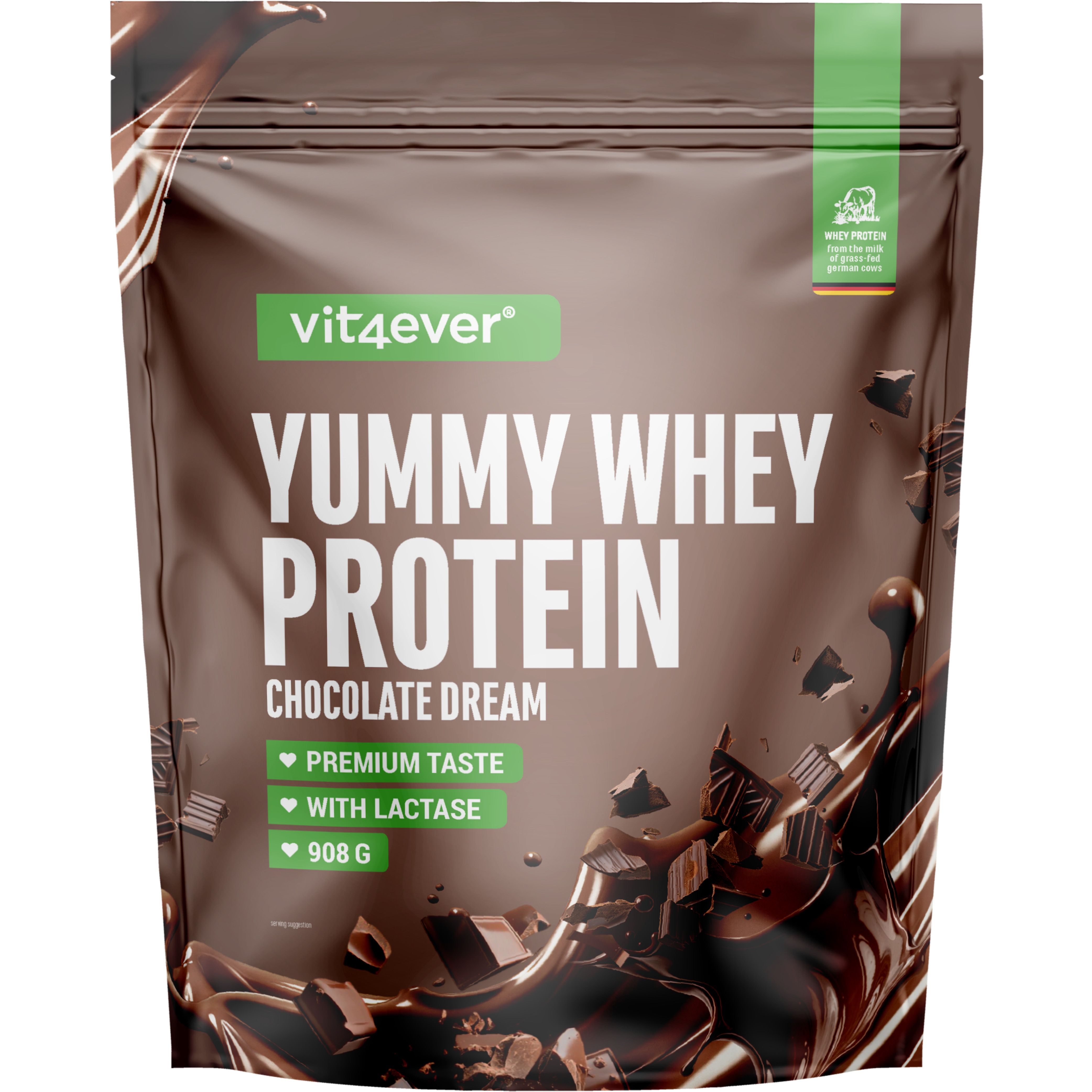 Braune Verpackung mit "vit4ever Yummy Whey Protein". Text: "Chocolate Dream", "Premium Taste", "908 G".
