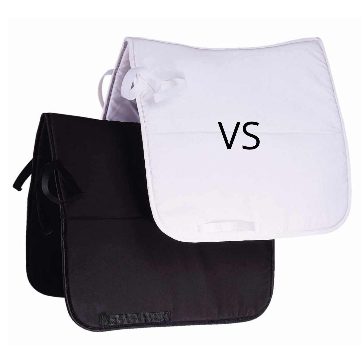 Schabracke VS, weiß und schwarz. Quadratische Form mit Schlaufen und Griff. Text 'VS'.